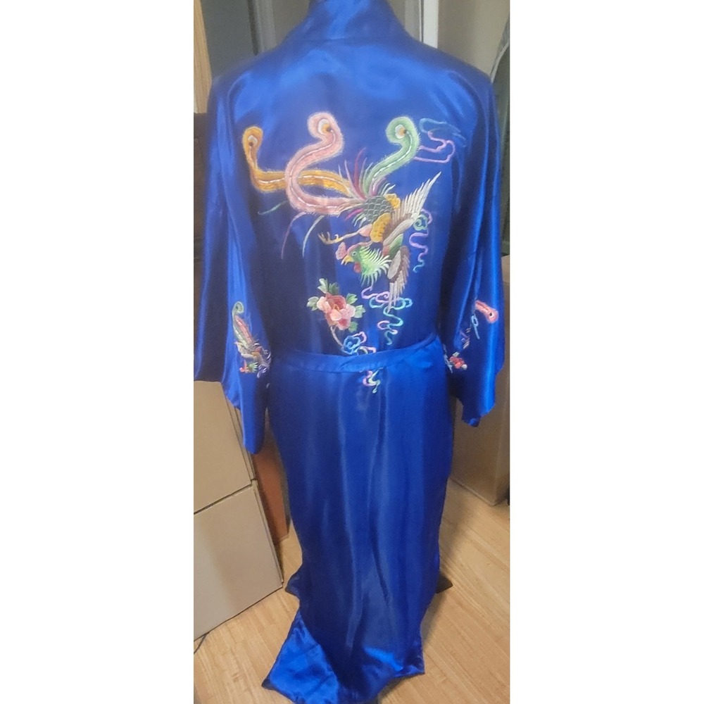 Yin Xing 100% Silk Blue Chinese Flowers Birds Embroidered Kimono Robe Long Large